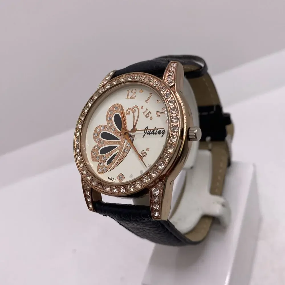 Womens Rose Gold Black Band Watch New Battery